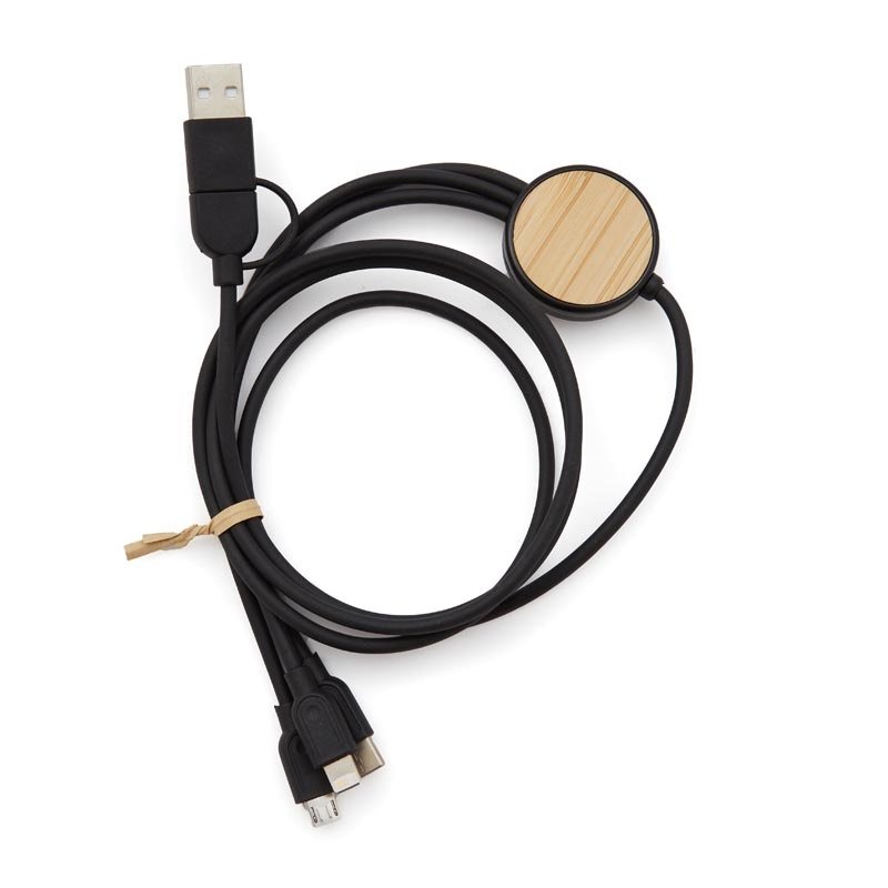 Cable 3 en 1 Bamboo atado Cable 3 en 1 Bamboo con logo para Merchandising y Regalos Empresariales