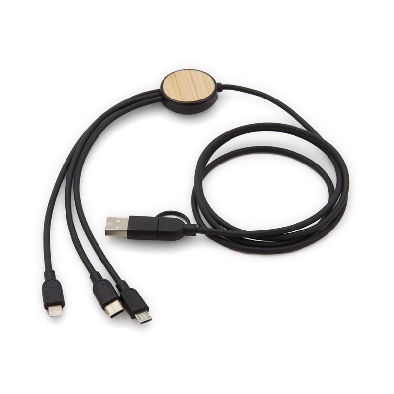 Cable 3 en 1 Bamboo frente Cable 3 en 1 Bamboo con logo para Merchandising y Regalos Empresariales